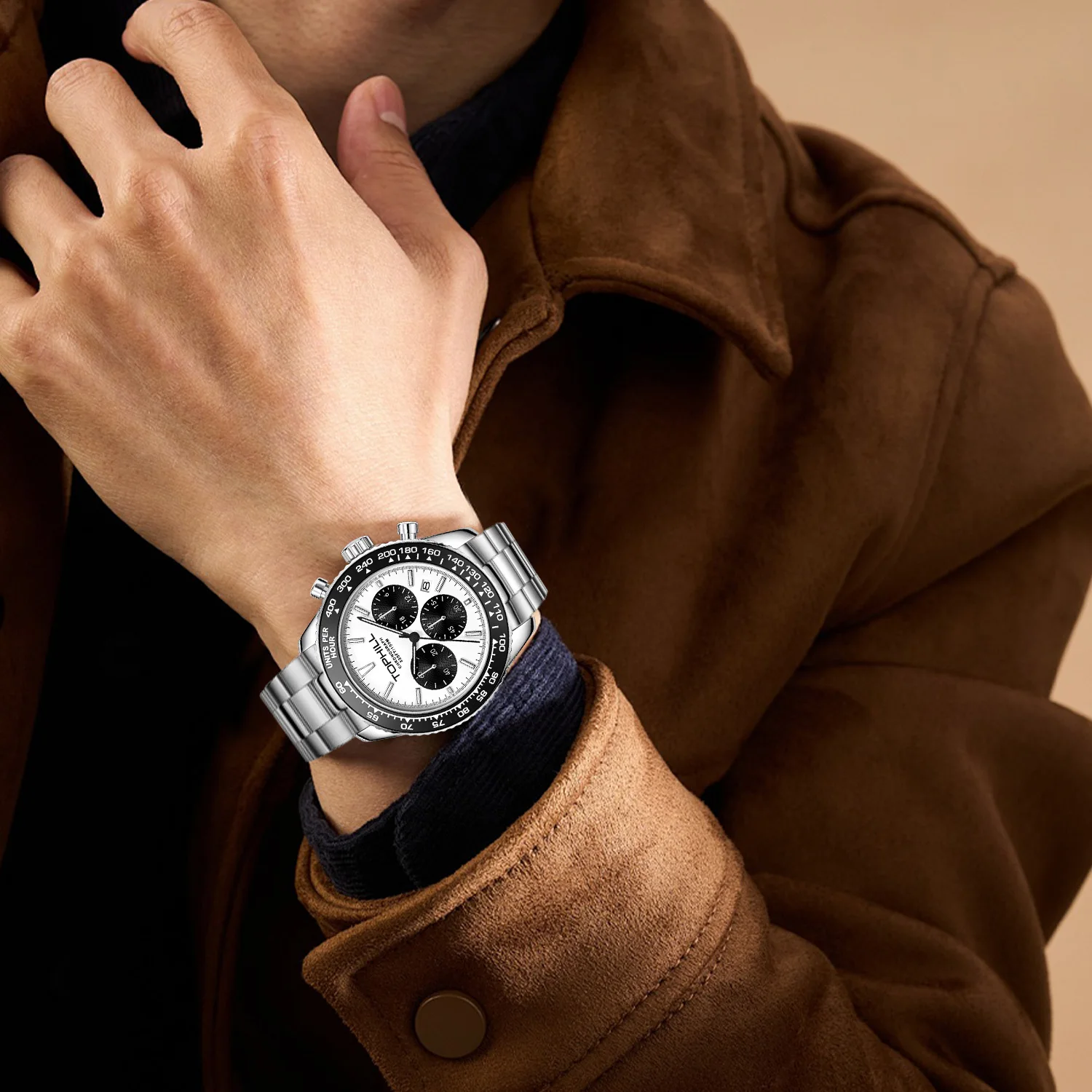 TOPHILL Racing Chronograph Men’s Quartz Watch Panda dial Tachymeter Bezel Sport Wristwatch Stainless Steel 100M Waterproof - Image 6
