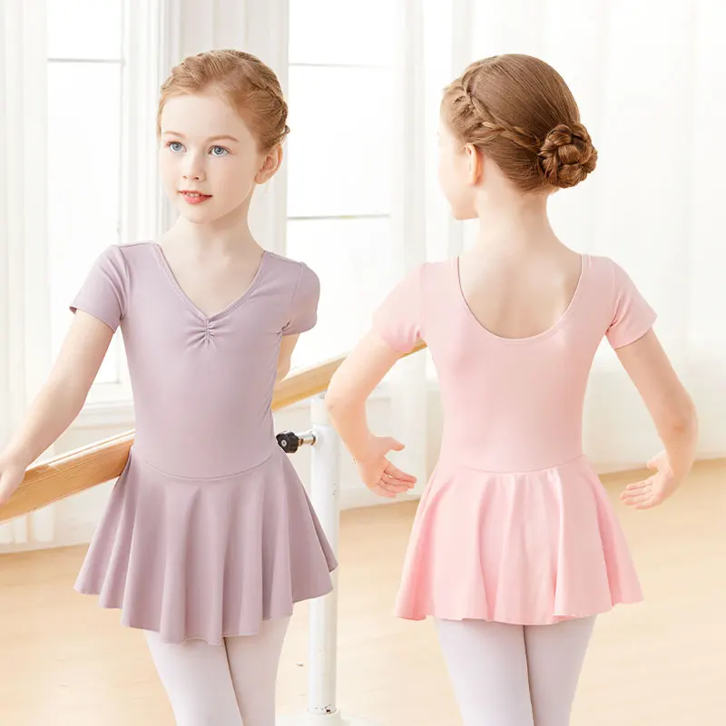 Girls Ballet Dress with Lining Kids Dance Leotard Dress Nylon Gymnastic Leotard with Skirt Short Sleeves Ballet Bodysuit Dress