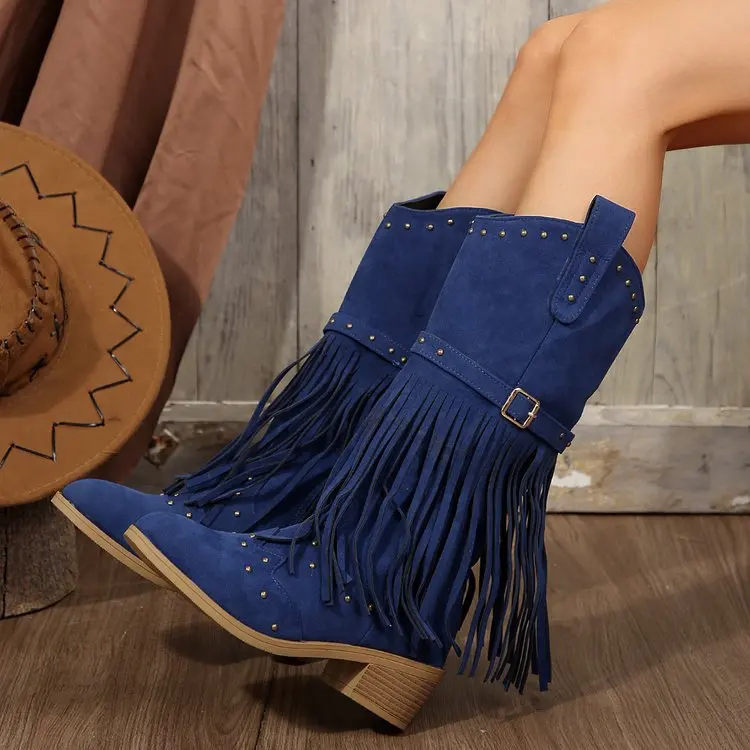 

Autumn and Winter Women Pointed Toe Fringes Thick Heel High Boots Plus Size Fashion Retro Rivet Belt Buckle Zipper Mid-Calf Boot