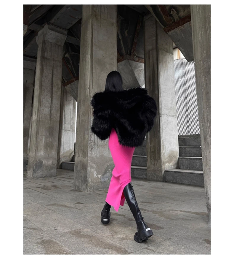 Lautaro Winter Cool Oversized Casual Soft Thick Warm Black Hariy Shaggy Faux Fur Coat Women Turn-down Collar Fluffy Jacket 2023