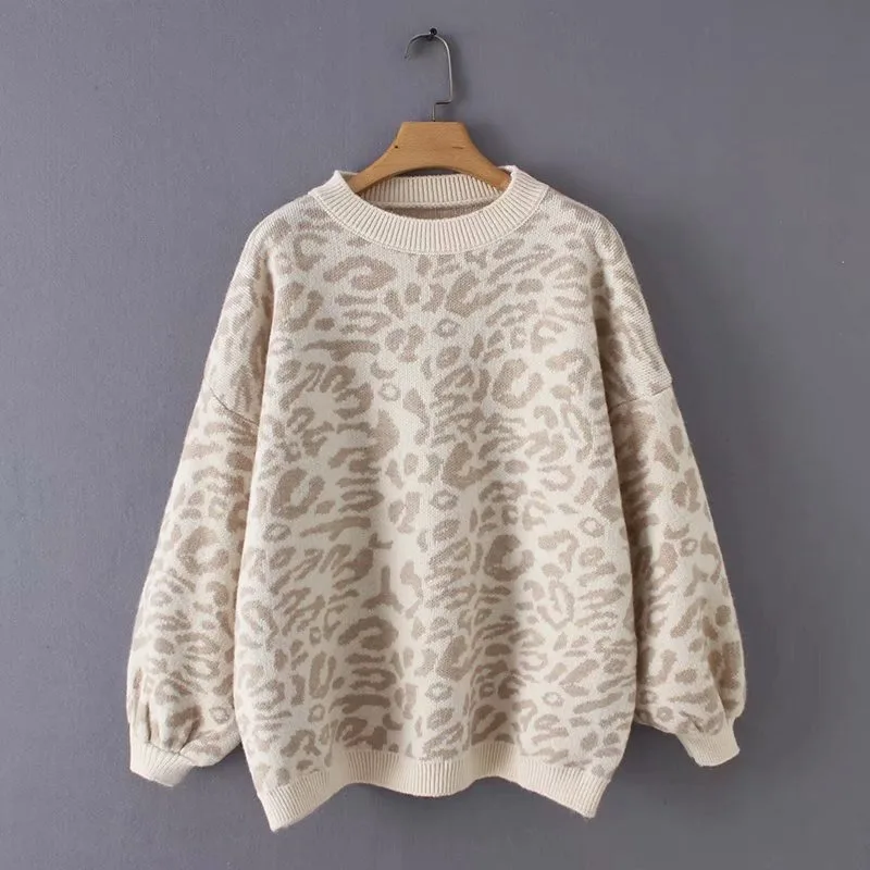

2025 Autumn and Winter New Loose Round Neck Leopard Print Lantern Sleeve Knitted Sweater Pullover Women's Clothing