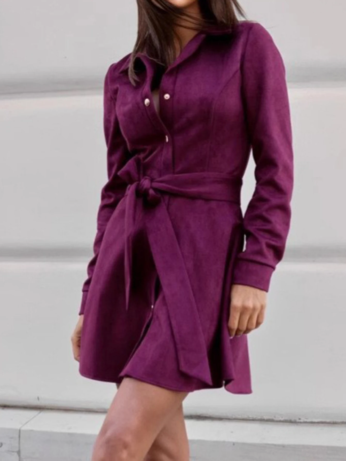 Abito camicia a maniche lunghe da donna Mini abito casual autunno tinta unita con lacci monopetto con bottoni sul davanti