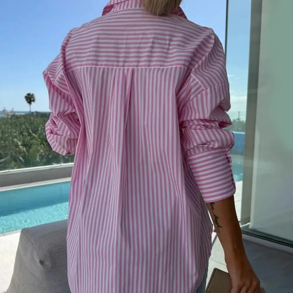 

Полосатая рубашка на пуговицах с воротником, топы с длинным рукавом, свободная уличная блузка, модная повседневная весенняя новая женская рубашка на весну и осень