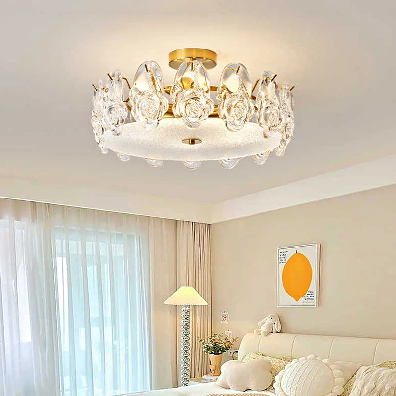 French Cream Style Romantic Crystal Rose Bedroom Ceiling Lamp New Creative Girl Room Led Lighting