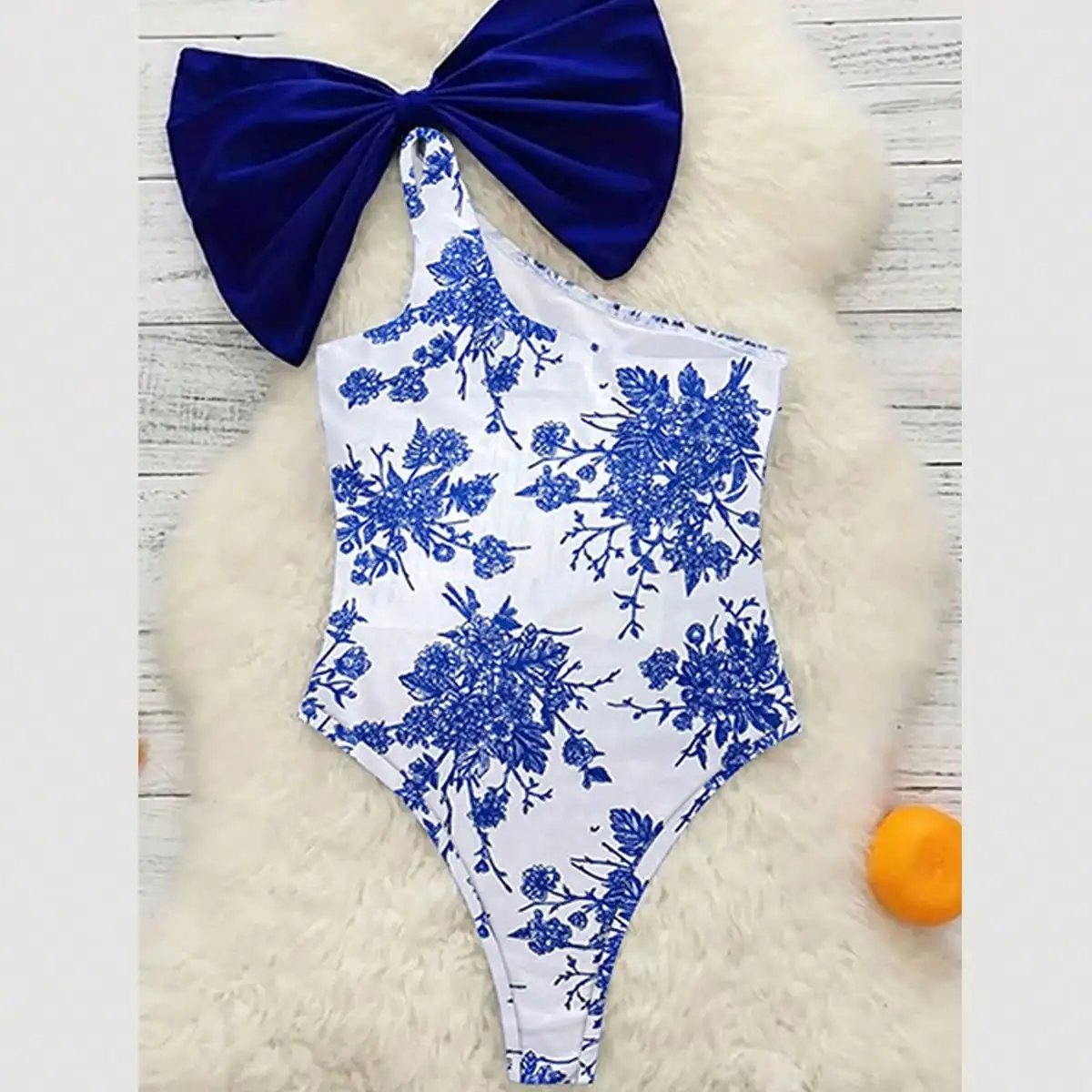 2025 new European and American export one-piece bikini, blue and white printed, slanted collar, single shoulder, butterfly shoul