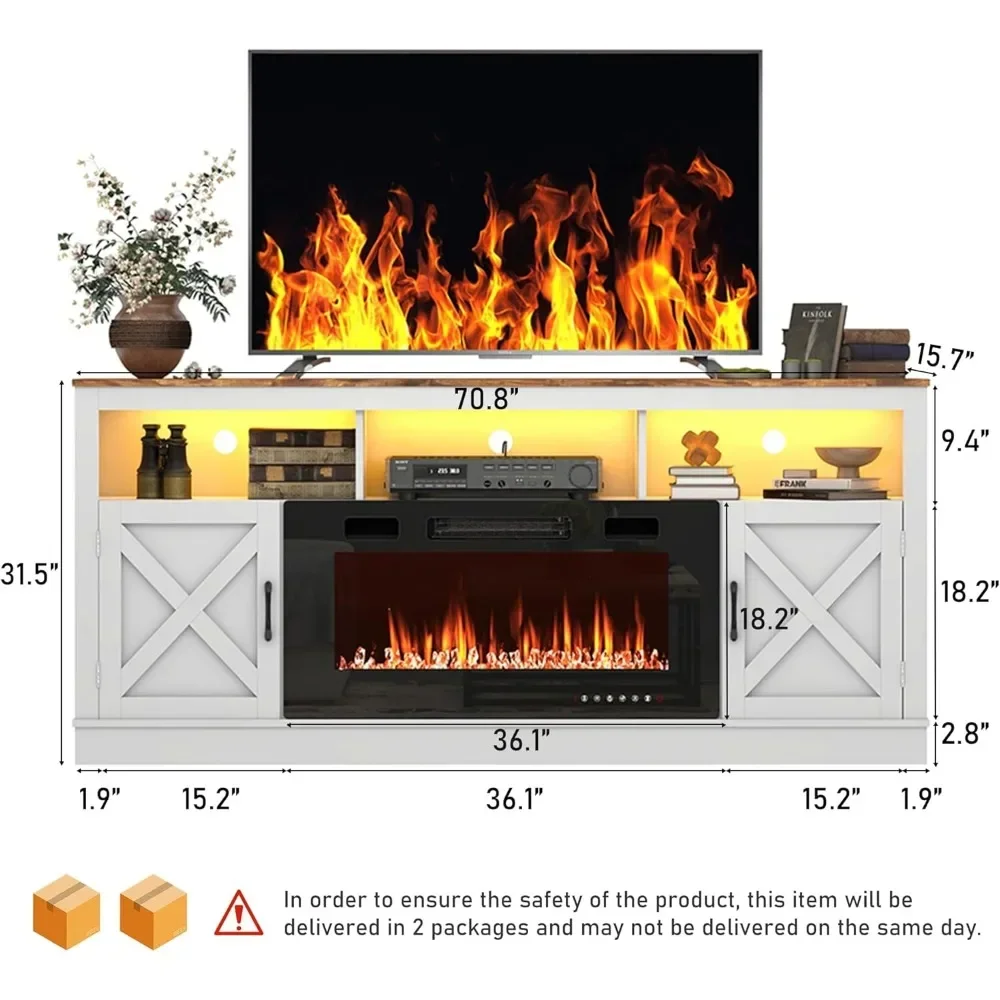 Farmhouse Fireplace TV Stand, 32”Tall Entertainment Center w/ 36”Electric Fireplace & LED Light, 70”Media Console w/Barn Door