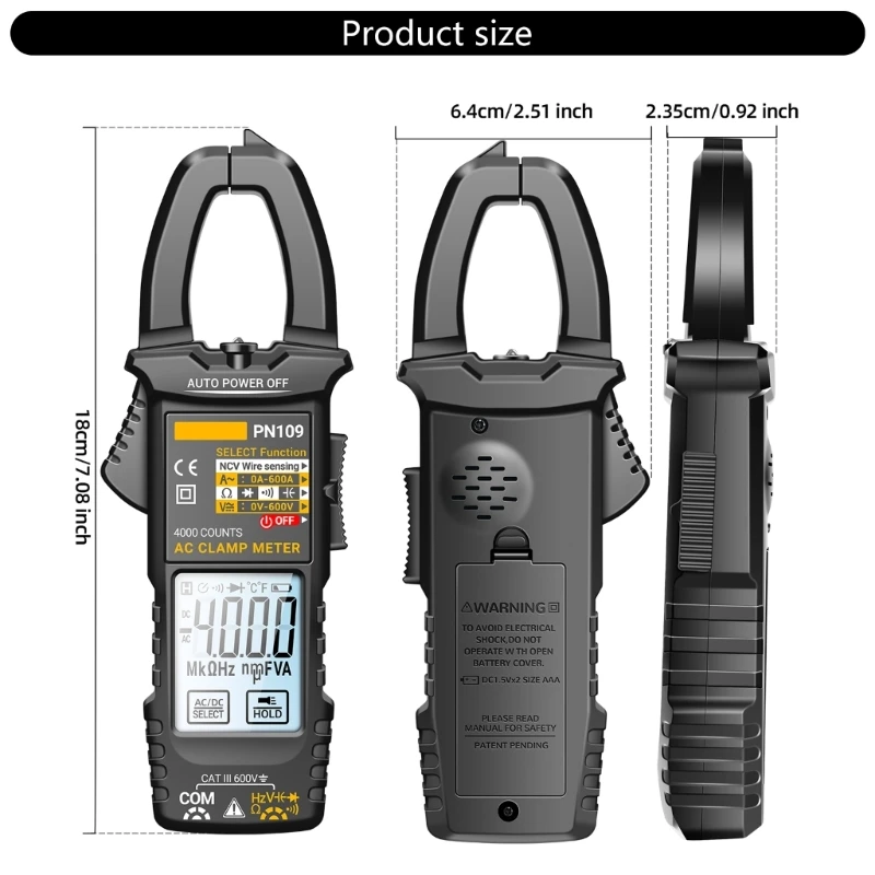 PN109 Tester 4000 Count Multimeter Clamp Meter with Backlit Buzzer Flashlight Ohmmeter Voltmeter（Batterless）