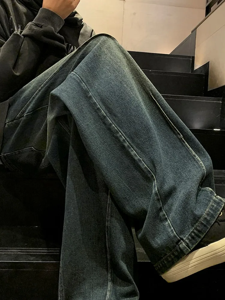 

Мужские джинсы Waed Vintage, весенне-осенние, с отворотами, свободные, прямого кроя, широкие штанины, износостойкие, молодежные, прямой крой