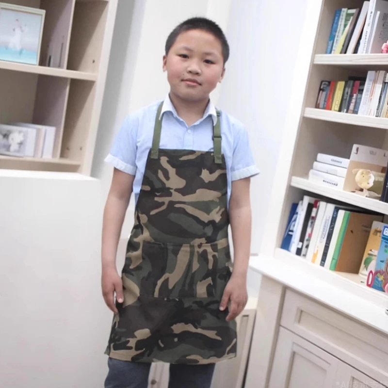 Camouflage Apron Thick Canvas Carpentry Work Clothes Hanging Neck Front Pocket Cotton Apron Children Kid Smock Art Class Sarong