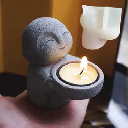 Cute Monk Candlestick Silicone Mold Mini Monk Plaster Incense Insert Ornament Cement Tealight Holders Resin Mold