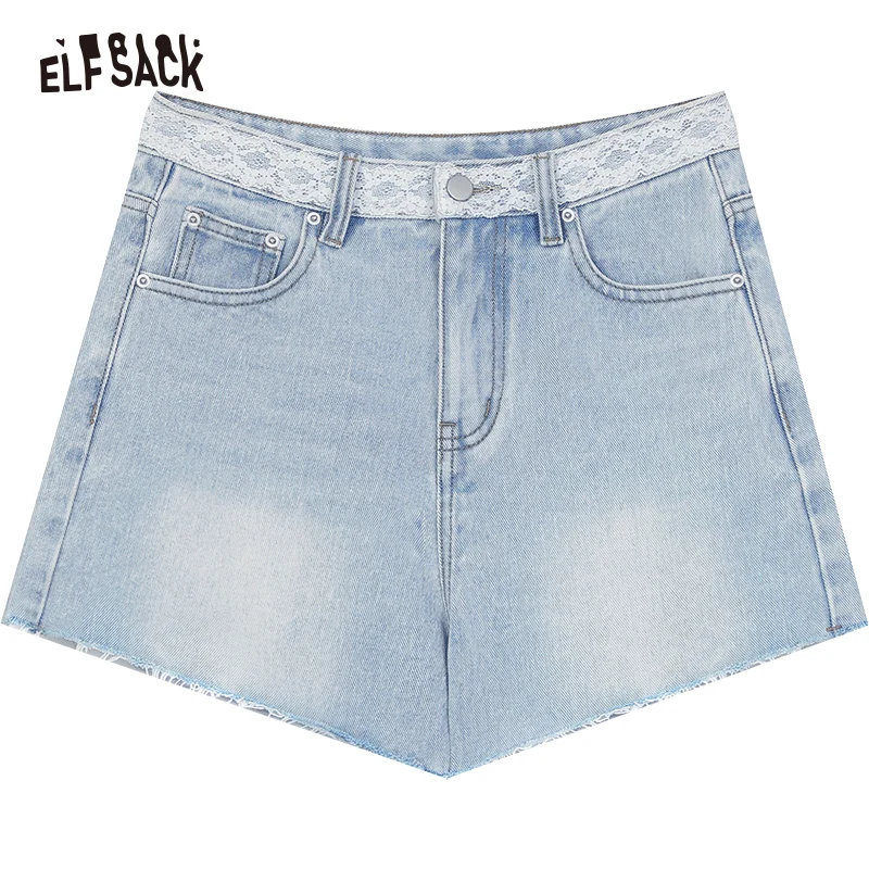 ELFSACK 2024 summer new arrival Lace stitching light color high waist slim hot girl denim shorts for women