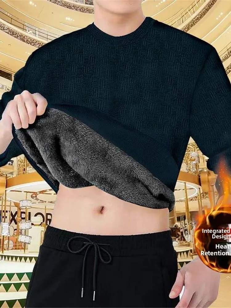 

Мужской утепленный свитер с круглым вырезом на флисовой подкладке, осенне-зимний, теплый, пушистый, вязаный, повседневный, базовый слой для ношения под одеждой