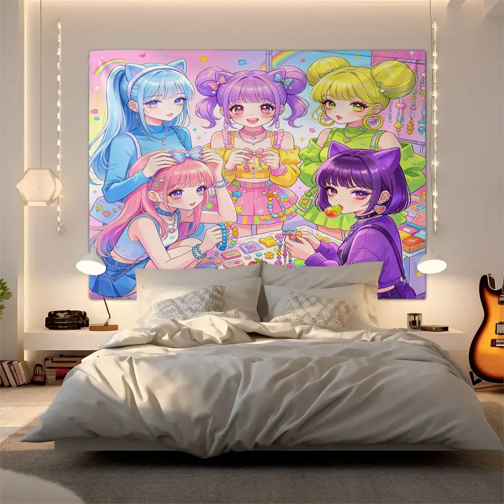 Dessert Bar Ice Cream Cat Ear Girls Digital Print Tapestry Wall Hanging Tapestries Wall Blanket Sweet Kawaii Apartment Decor