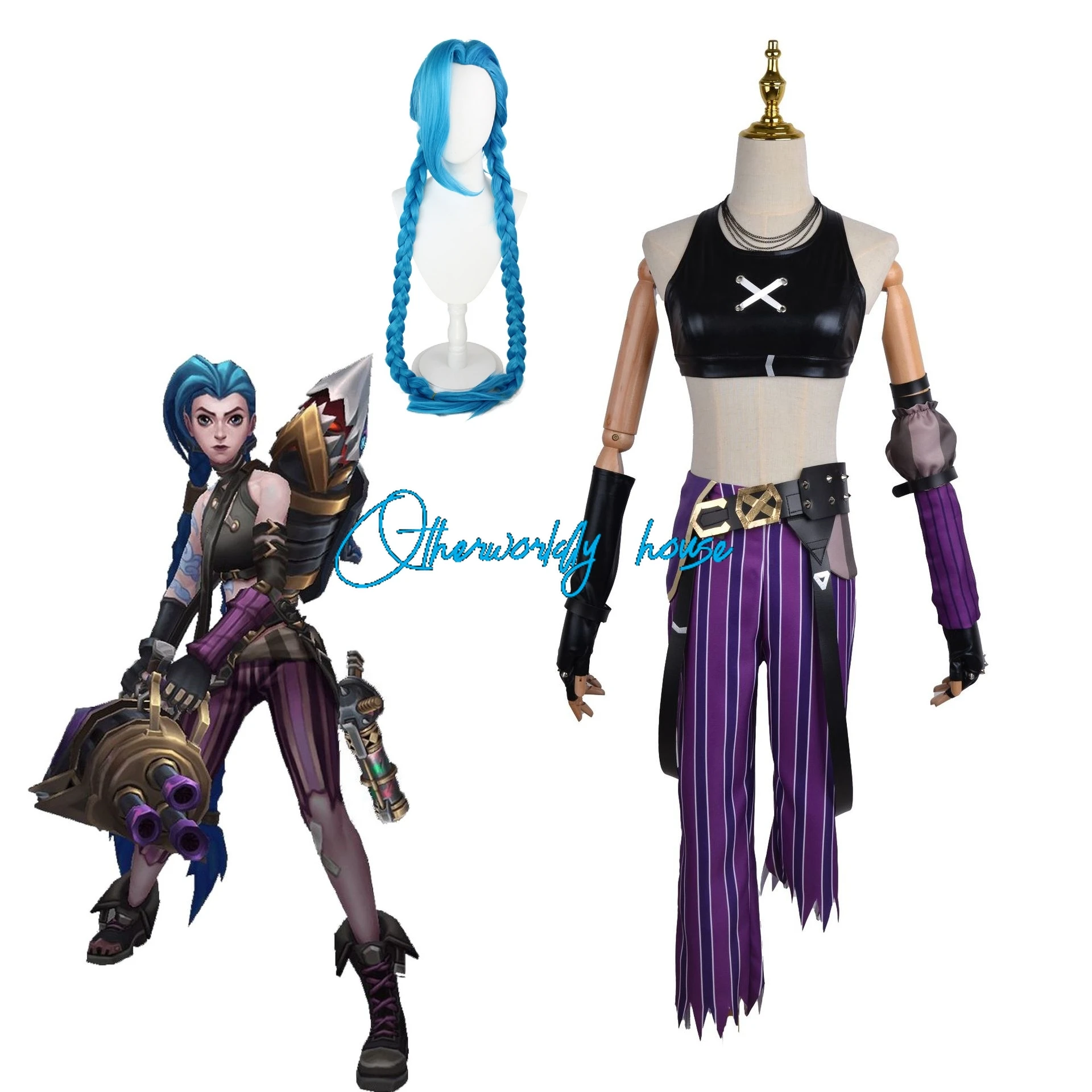 Game League Of Legends LOL Jinx  Cosplay Costume Dress Women Girls Sexy Halloween Role Play Wig Accessories Clothes Full Suit