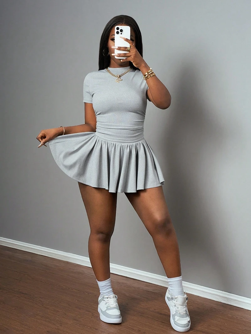 

STYLISH LADY Preppy Style 2 Piece Set Women Short Sleeve Crop Top and Pleated Mini Skirts Suits 2025 Summer Solid Outfits