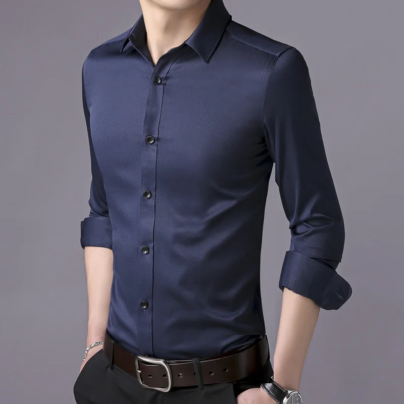 Camisa de manga larga de ajuste Delgado sólido para hombres, moda coreana, negocios juveniles, camisas de vestir de lujo para hombres, blusa