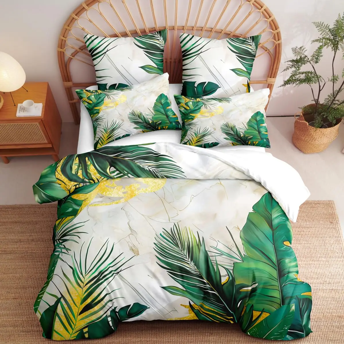 Palm Leaves Duvet Cover Monstera Leaf Comforter Covers Tropical Green Leaves Bedding Set White Marble Quilt Cover for Men Women