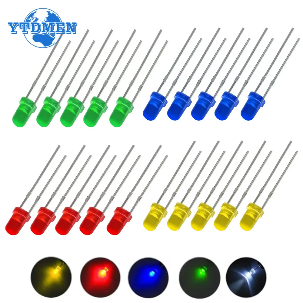 100Pcs F3 3MM Ultra Bright LED Lamp Kit Green Yellow Blue White Red Light Emitting Diodes for DIY Electronic Projects