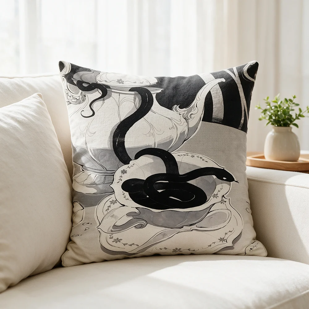 1PC Black White Snake Teapot Print Pillow Cover Vintage Sketch Art Gothic Decorative Throw Pillow Sofa Couch Bedroom Home Decor