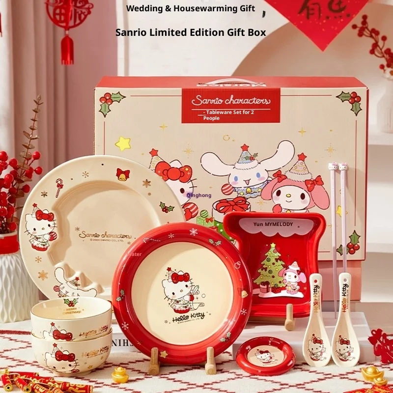 

Очаровательный обеденный набор Sanrio, милые миски и тарелки для еды, домашнее использование, высокое эстетическое значение, движущийся подарок на день рождения для девочек, подарочная коробка