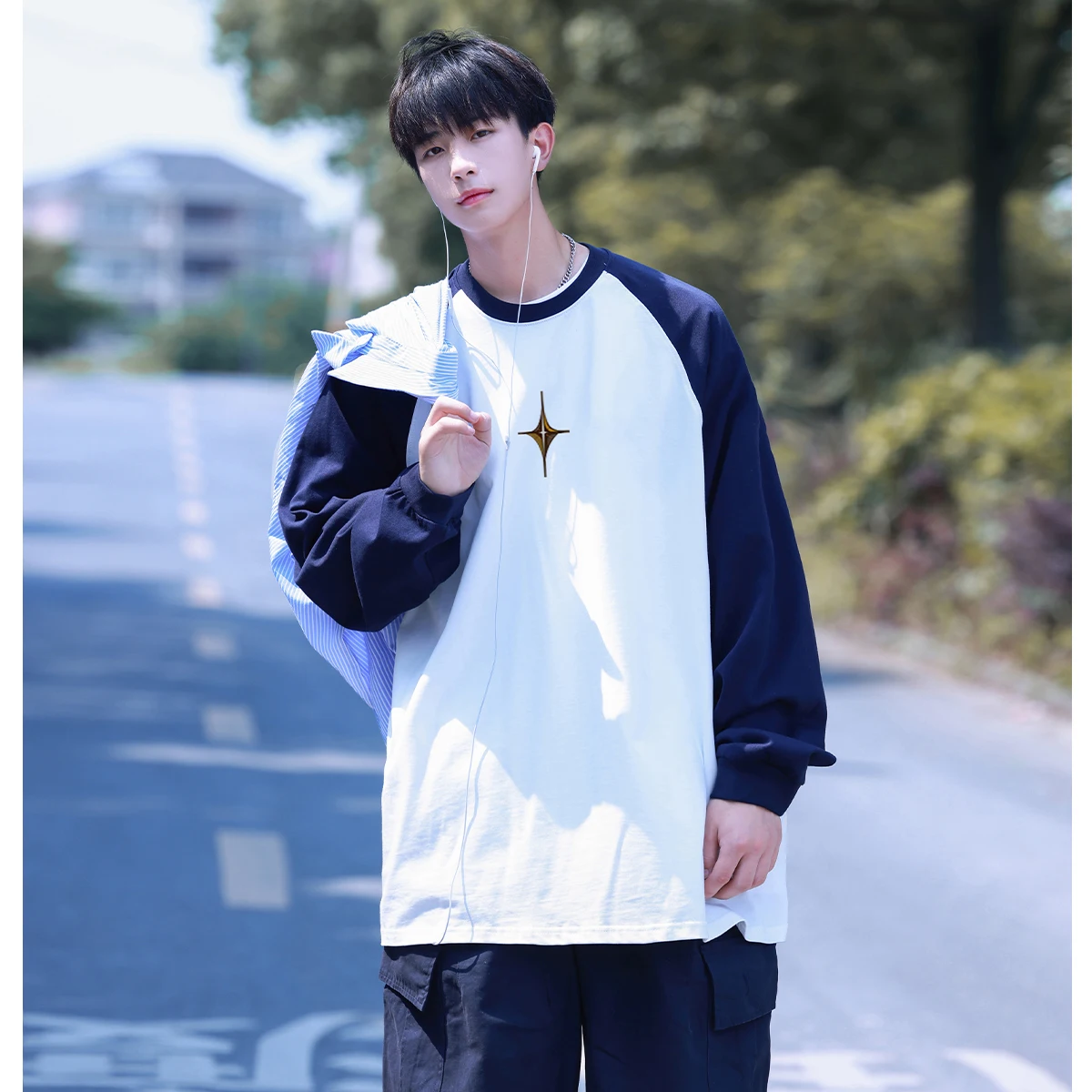 Casual Hong Kong Style Printed Sweatshirt Men's Large Size Shoulder Insert Design Breathable Spring Autumn round Neck Hoodie