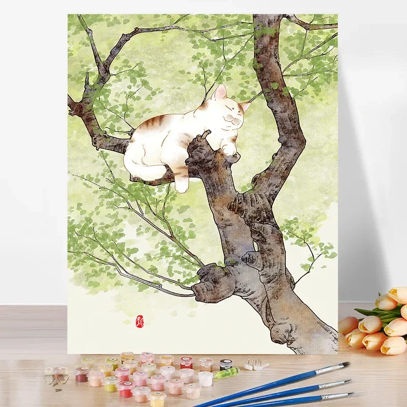 DIY Paint By Numbers Chinese Garden Style Cat Naughty Cat Climbing Trees Digital Oil Painting for Adult and Kids