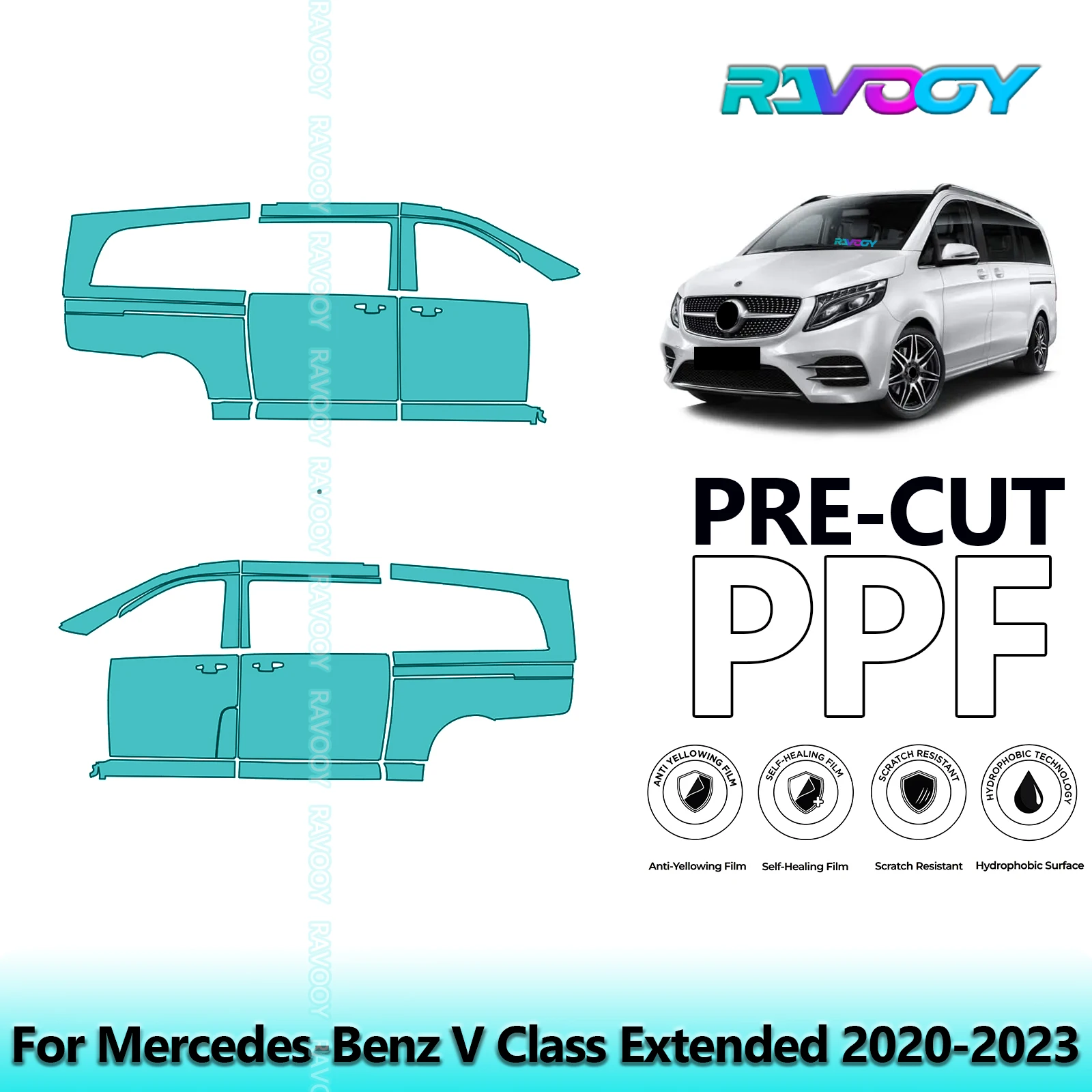 

For Mercedes-Benz V Class Extended 2020-2023 8.5mil Clear Matte Pre-Cut PPF Door & A/B Pillar Kit TPU Paint Protection Film Set