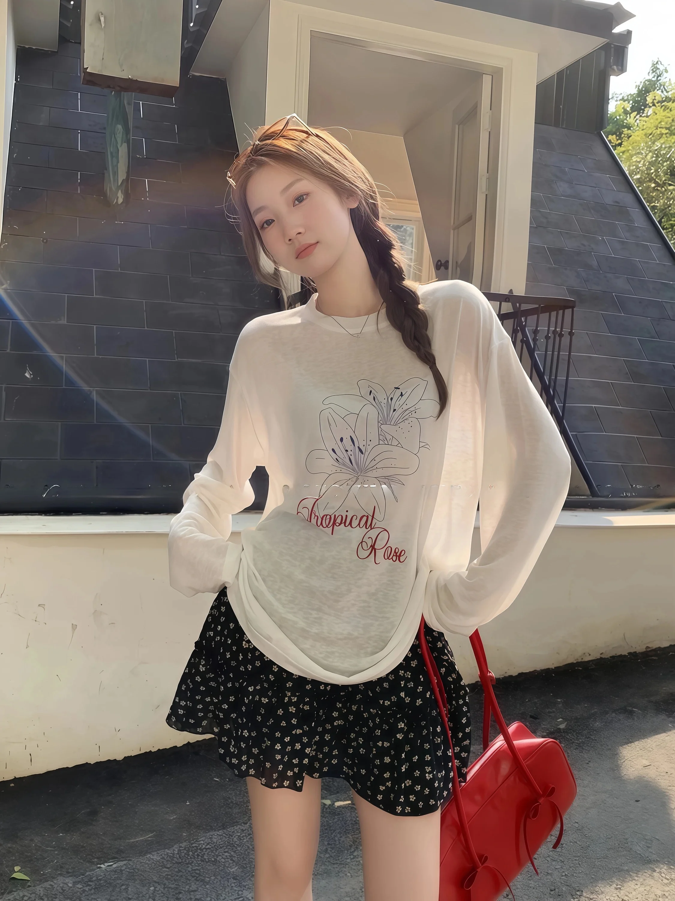 HOPICAL ROSE Summer Thin Long Sleeve T-Shirt Women's Lazy Style Sun Protection Cotton Linen Blend Moisture Wicking round Neck