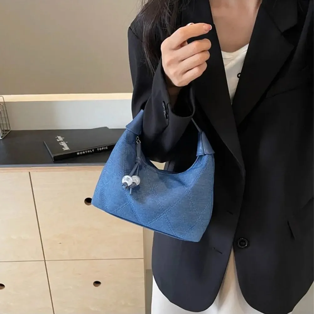 

Dual Use Embroidered Shoulder Bag Large Capacity Rhombus Soft Denim Handbag Adjustable Korean Style Commuting Crossbody Bag