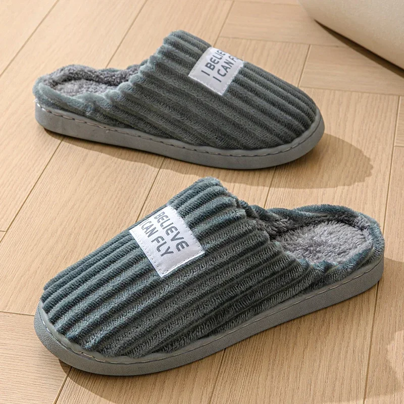 Winter Warm Short Plush Women\'s Cotton Slippers Indoor Home Casual Toe Wrap Slides Men Anti Slip Autum Word Stripe Soft Shoes