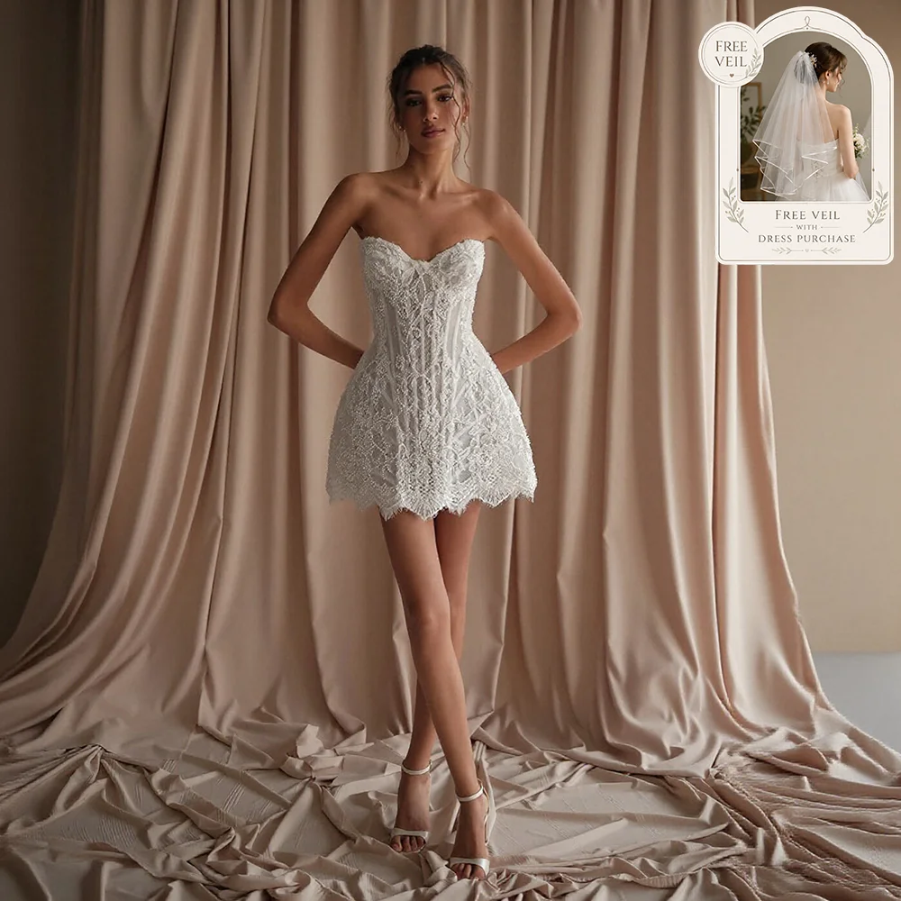 

Courthouse Wedding Dress Beaded Strapless Lace Ivory Mini Bridal Gown For Elopement Engagement Party Corset Back Customized