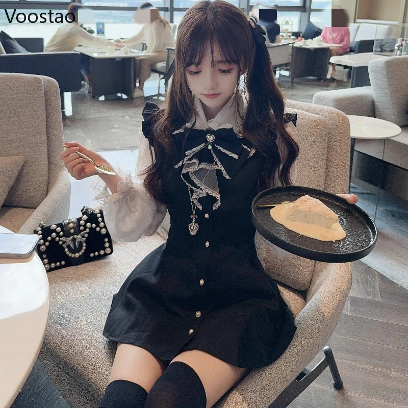 Robe Gothique de Style Japonais Y2k avec Nministériels d Lolita pour Femme, Vintage, Manches sulf, Faux Deux Pièces, Mini Robe de Soirée en Dentelle Mignonne, Patchwork