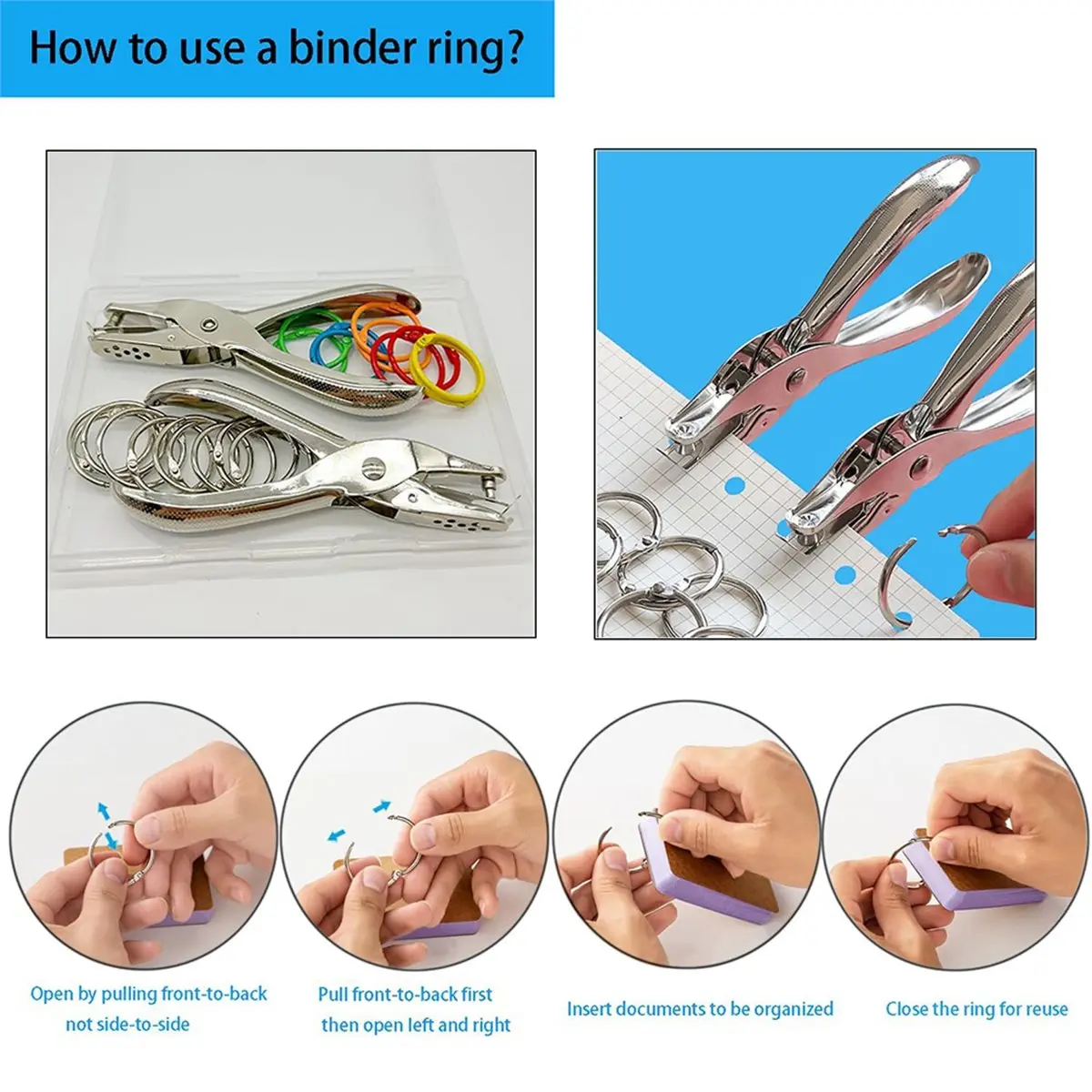 PROMOTION!2 PCS 1/4inch Single Hole Punch with 20 Binder Rings for DIY Crafts, , School Use