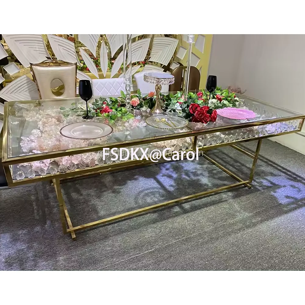 

Mirror Glass Luxury Furniture Stainless Steel Wedding Chair And Table Hotel Metal Dining Table Set For Events Wedding Tables