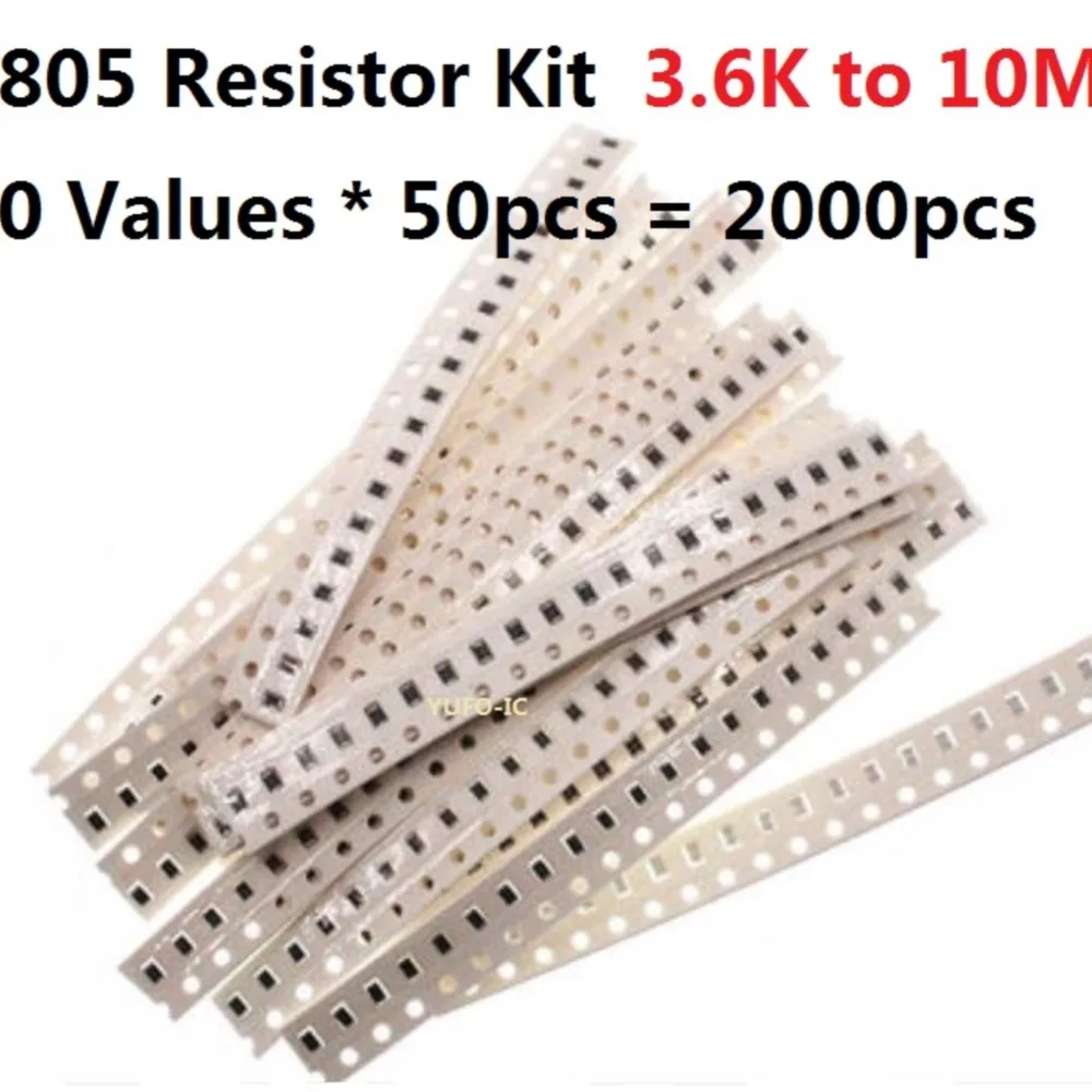 40 Values*50pcs=2000pcs 3.6K Ohm-10M 5% Resistance Assorted Kit Set 4.7K 10K 100K 150K 470K 1M Chips Pack SMD 0805 Resistor Kit