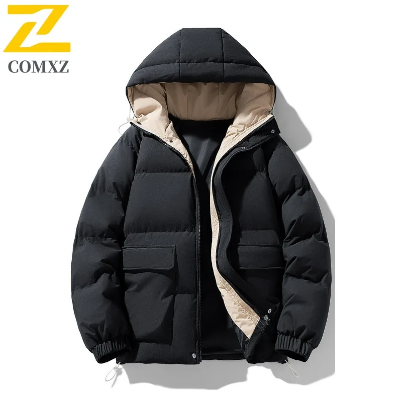 

COMXZ Outdoor Adventure Men Down Jacket Premium Classic Hooded Thickened Warm Parka Solid Color Hiking Lightweight Winter Coat