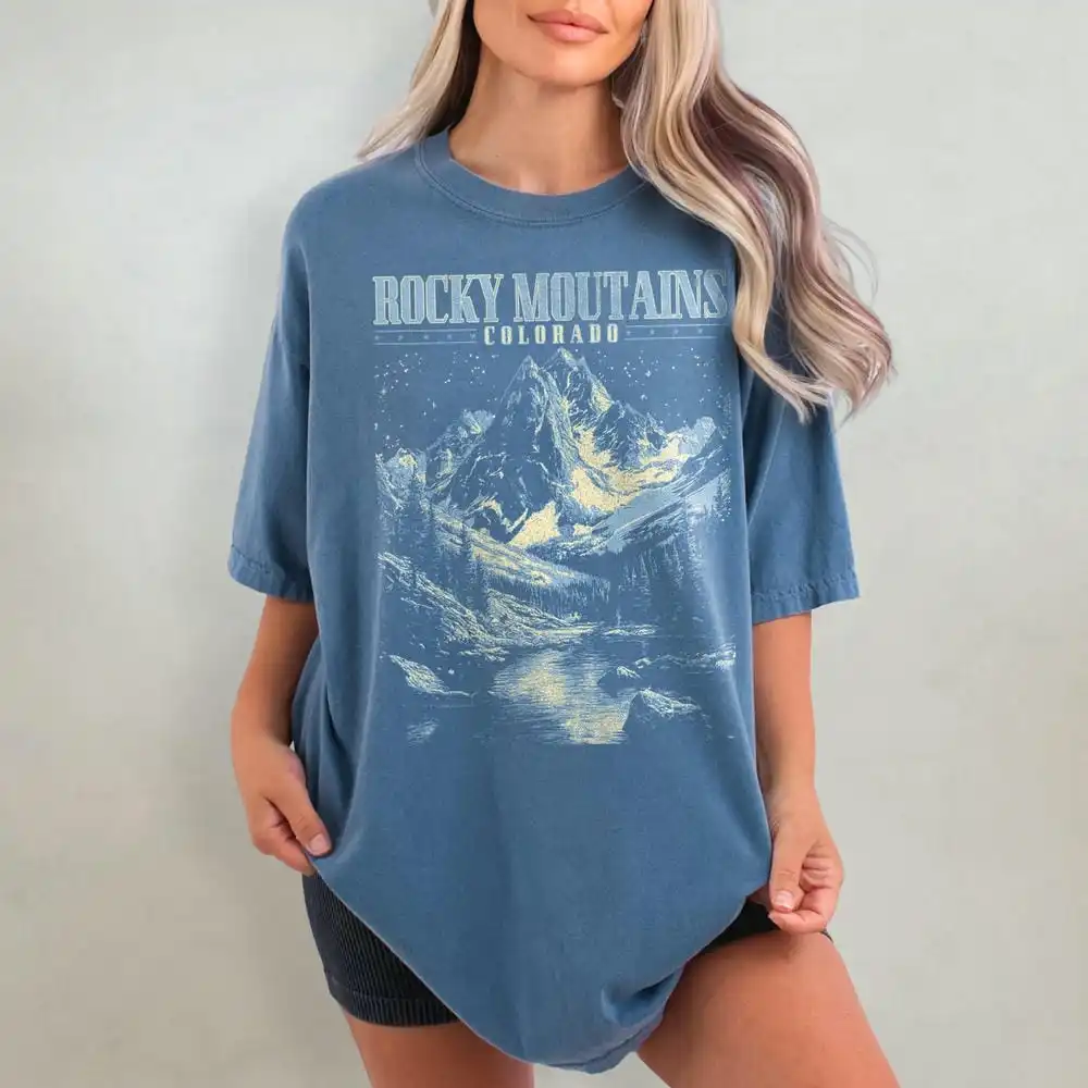 Vintage Rocky Mountains Shirt Nature Graphic Tee Outdoor Hiker Short Sleeve Oversized Bookish Shirt Y2K Unisex Top Streetwear