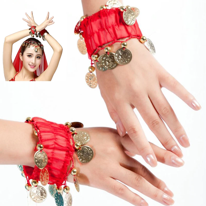 2Pcs Belly Dancing Wrist Ankle Cuffs Bracelets Belly Dance Metal Coin Bracelets Chiffon Gold Coin Belly Dance Accessories