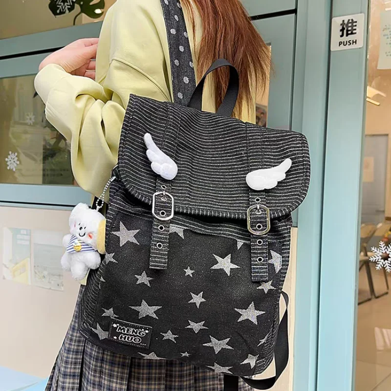 

Рюкзак в корейском стиле с полосками и звездами, джинсовая сумка Y2K с крылатым ангелом, ретро-рюкзак для студентов, легкий, вместительный, для путешествий
