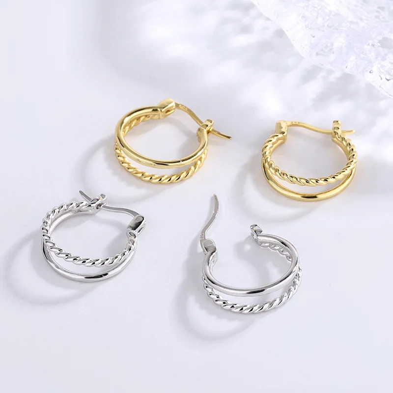 S925 Sterling Silver Double Layer Earrings Earrings Earclasp Female Small Earrings Simple and Versatile Forest Ring Earstuds