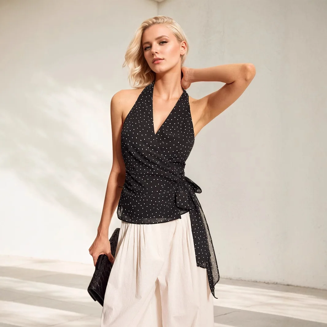 

Summer 2025 New French polka dot women's sleeveless hanging neck tied waistband backless American camisole top