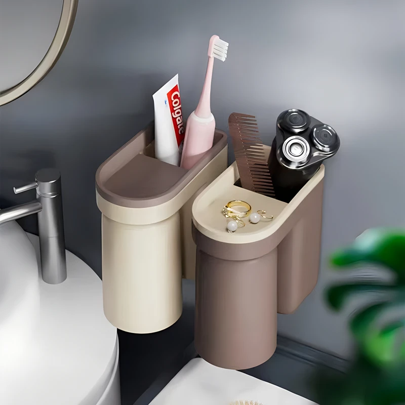 Plastic Toothbrush Toothpaste Holders Rack No Need To Punch Holes Mouthwash Cup Toothbrush Cup Wall-mounted Bathroom Storage Box