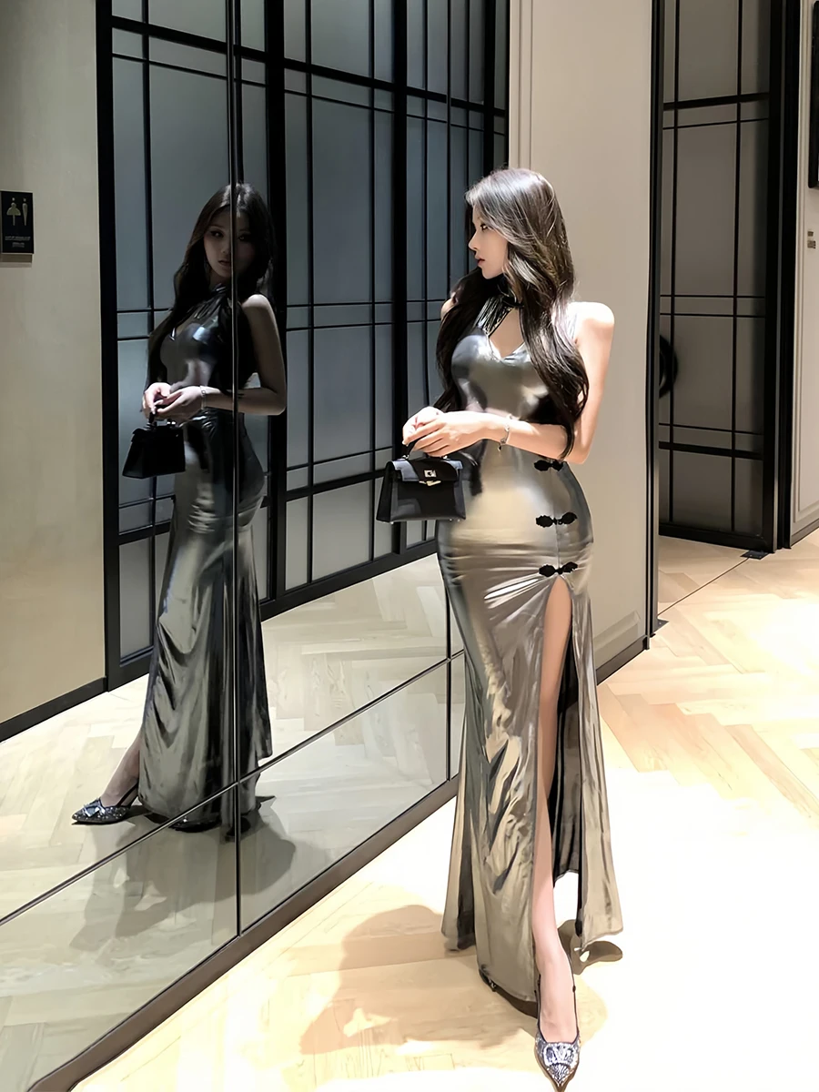 ReddaChic فضي سبليت فستان طويل المرأة الصينية شيونغسام معدنية قطع أكمام ذيل السمكة Bodycon حفلة الصيف Y2k الملابس