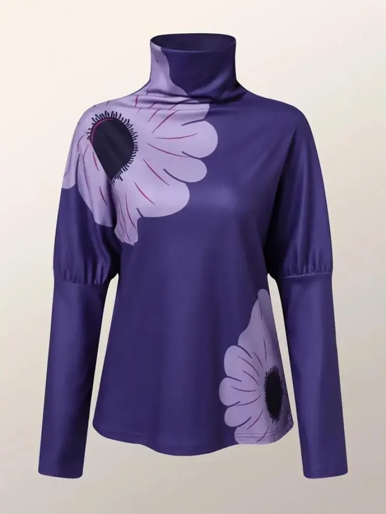 UOOZEE 2024 New Spring Autumn High Neck T-Shirts Women Elegant Flower Printed Long Sleeves Loose Casual Trendy Purple Tops