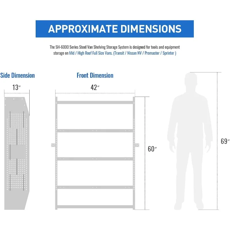 Mid/High Roof Van Shelving Storage Sprinter, Van Shelving Units, 42''W x 60''H x 13''D，home.