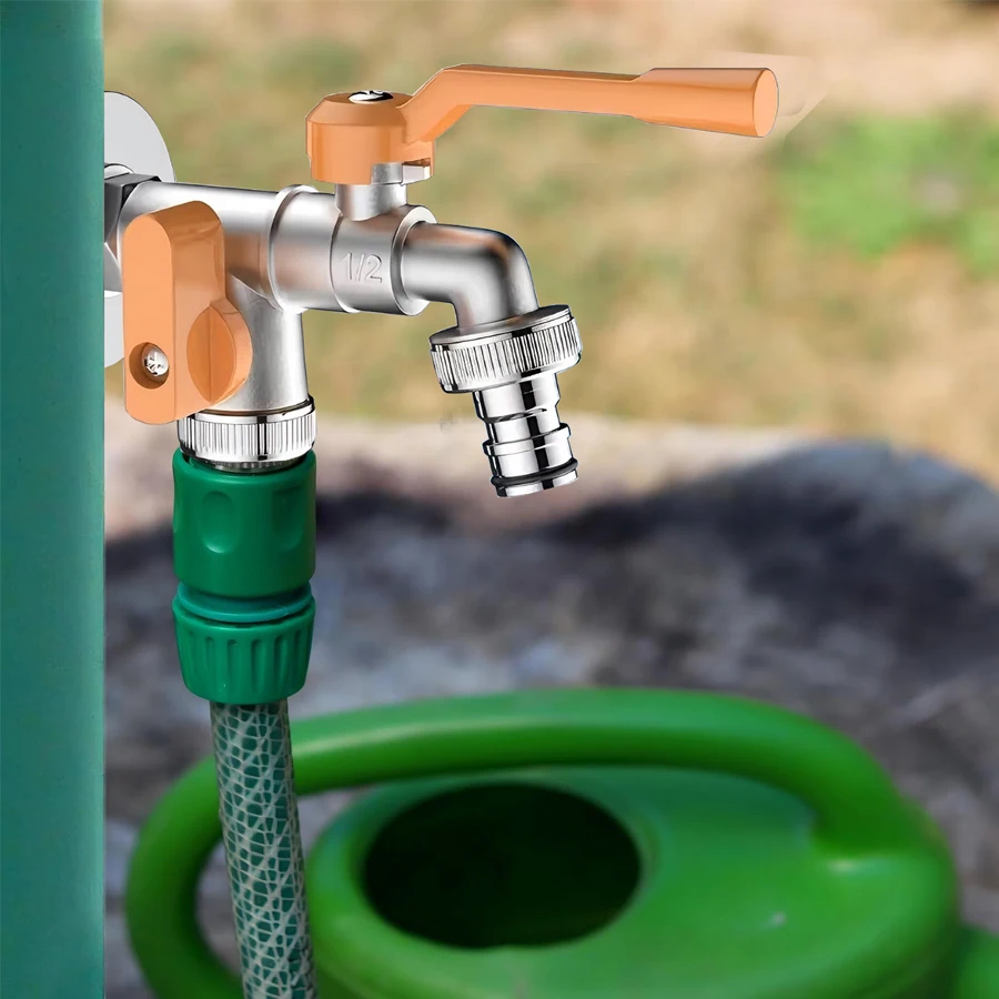 A Silver/Grey/Copper-Colored Outdoor Faucet, 2 Interfaces, G1/2 Universal Interface, High-Quality Brass Dual Faucet - Rust-Proof and Frost-Resistant + 2 Hose Connections, Suitable for Garden, Washing Machine, Rainwater Barrel