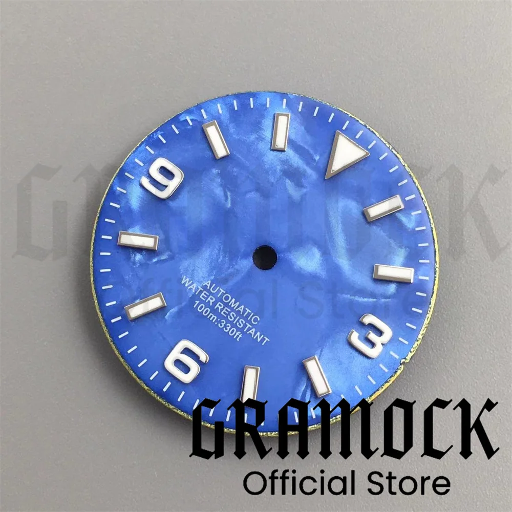 Gramock 29mm Watch Dial Green Luminous Shiny Sterile Watch Faces with Date Watch Accessory Suitable for NH35 Movement