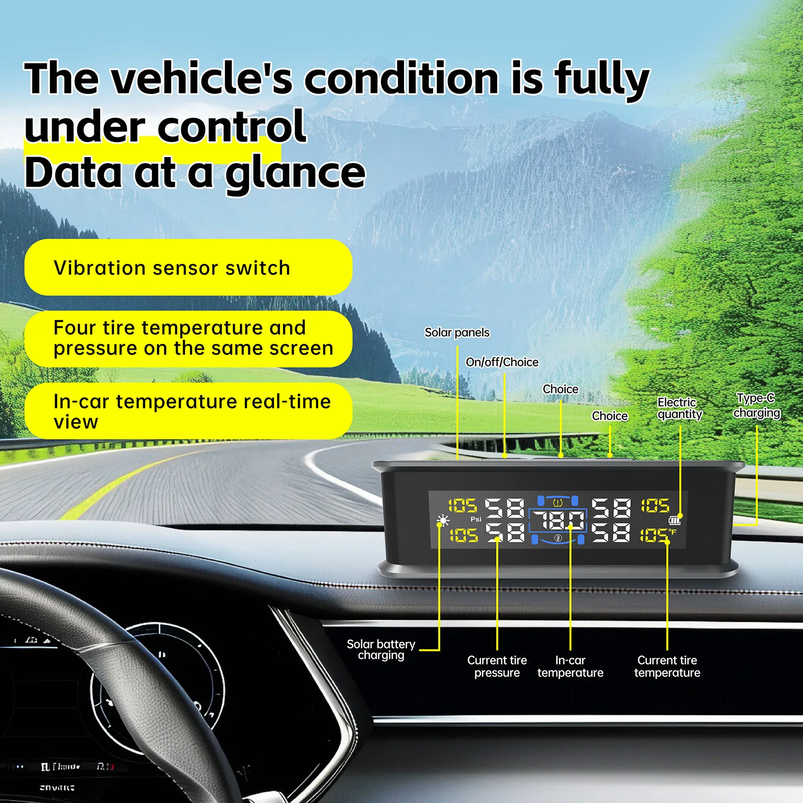 With Indoor Temperature Function Car 4-Wheel Solar Tire Pressure Monitoring System TPMS Digital LCD Display Solar/USB Powered