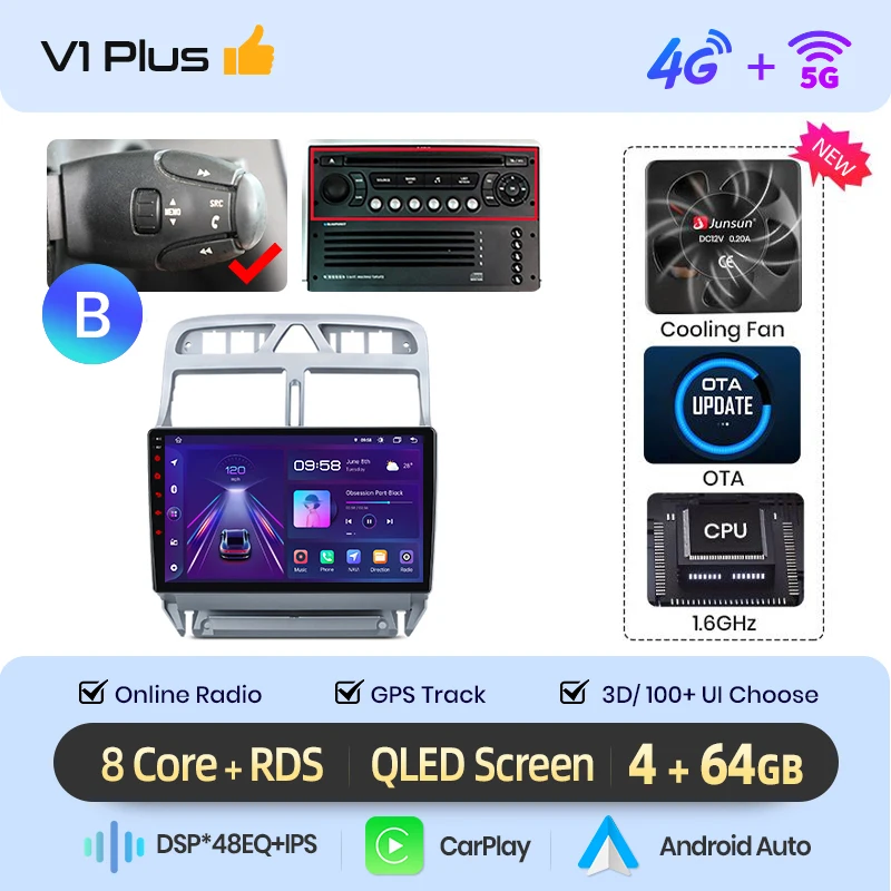 Junsun AI Draadloze CarPlay voor Apple Android Auto Radio Voor Peugeot 307 307CC 307 SW 2002-2013 GPS multimedia RDS WiFi Stereo