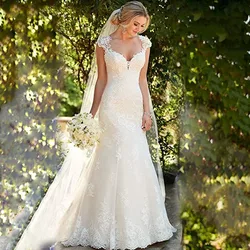 Lace Appliques Mermaid Wedding Dress Backless Cap Sleeve Trumpet Bride Dresses Sweetheart Vestido De Novia  Robe De Mariée